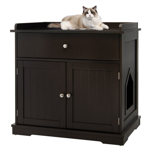 Wooden Cat Litter Box Enclosure with Drawer Side Table Furniture-Brown - Color: Brown