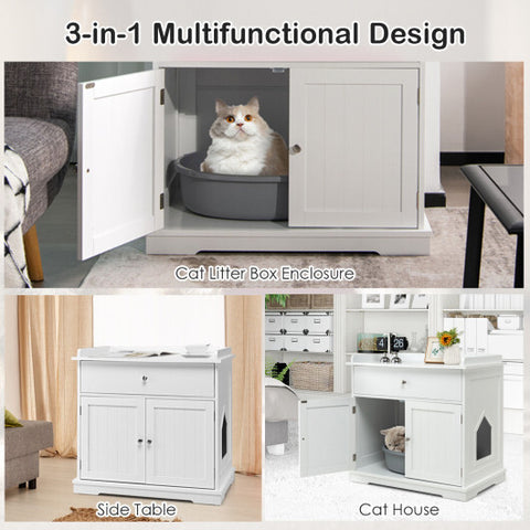 Wooden Cat Litter Box Enclosure with Drawer Side Table Furniture-White - Color: White