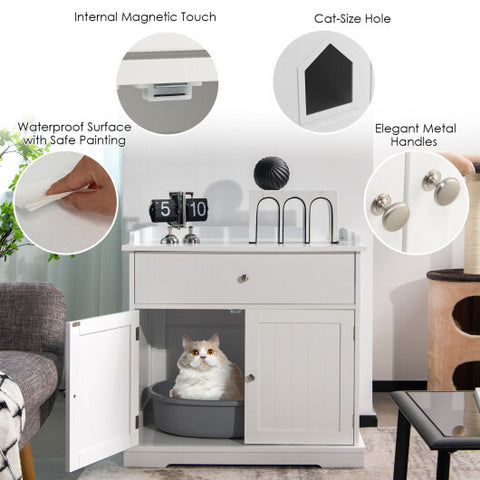 Wooden Cat Litter Box Enclosure with Drawer Side Table Furniture-White - Color: White