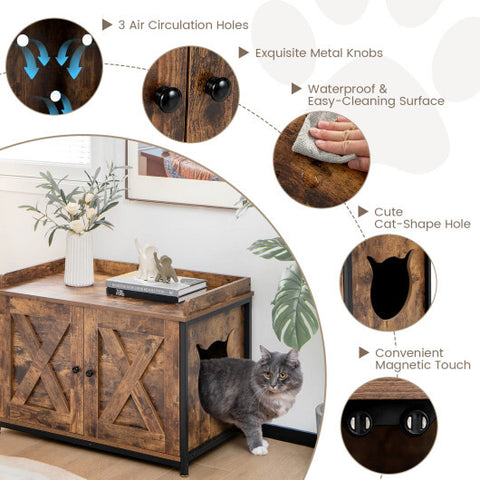 Cat Litter Box Enclosure with Double Doors and Adjustable Footpads-Brown - Color: Brown