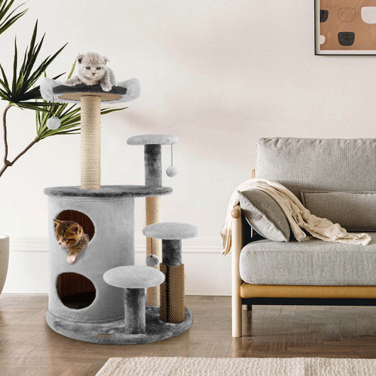 40 Inch Cat Tree Tower Multi-Level Activity Tree with 2-Tier Cat-Hole Condo-Gray - Color: Gray - Minihomy