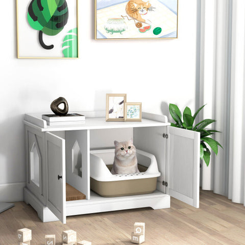 Wooden Cat House with Scratching Pad and Adjustable Divider-White - Color: White