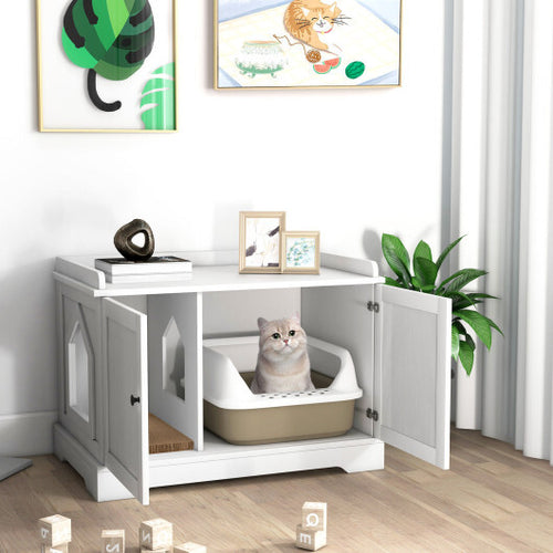 Wooden Cat House with Scratching Pad and Adjustable Divider-White