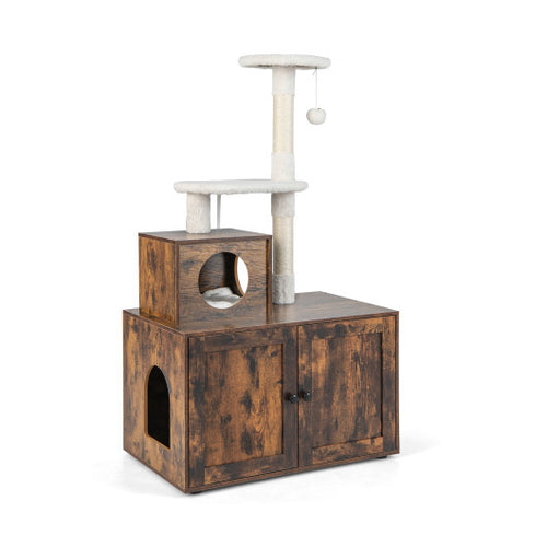 Cat Tree with Litter Box Enclosure with Cat Condo-Rustic Brown - Color: Rustic Brown