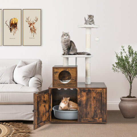 Cat Tree with Litter Box Enclosure with Cat Condo-Rustic Brown - Color: Rustic Brown