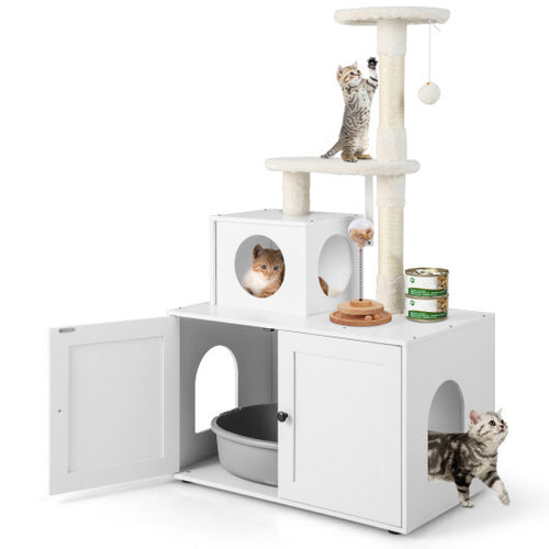Cat Tree with Litter Box Enclosure and Cat Condo - Rustic Brown/White