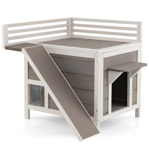 Outdoor Wooden Feral Cat House with Balcony and Slide-Gray