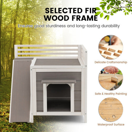 Outdoor Wooden Feral Cat House with Balcony and Slide-Gray