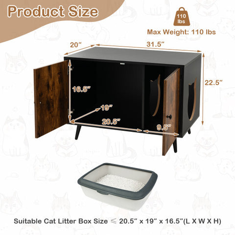 Industrial Cat Litter Box Enclosure with Divider and Cat-Shaped Entries - Color: Brown