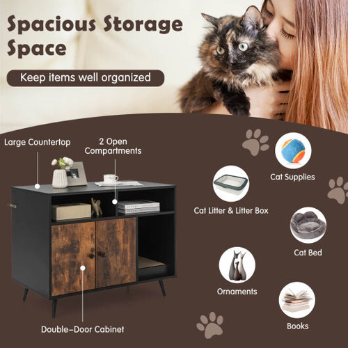 Cat Litter Box Enclosure with Storage Compartments and Pet Scratcher - Color: Rustic Brown