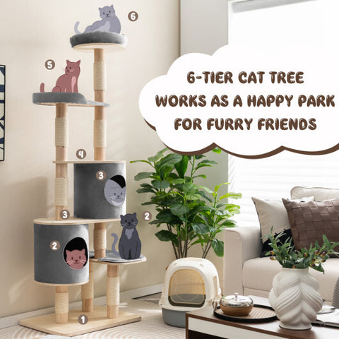 6-Tier Wooden Cat Tree with 2 Removeable Condos Platforms and Perch-Gray - Color: Gray