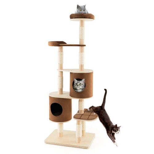 6-Tier Wooden Cat Tree with 2 Removeable Condos Platforms and Perch-Brown