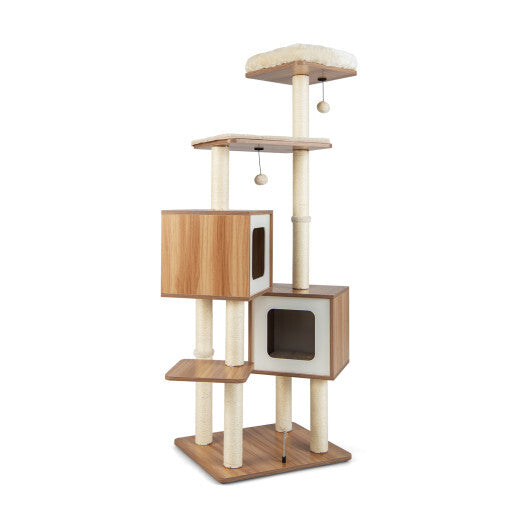 Modern Wooden Cat Tree with Perch Condos and Washable Cushions-Natural - Color: Natural - Minihomy