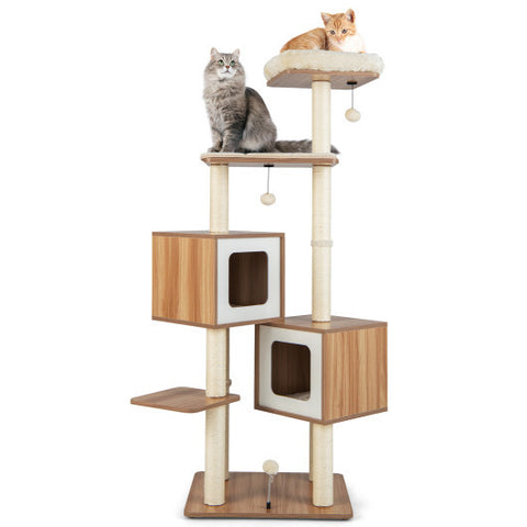 Modern Wooden Cat Tree with Perch Condos and Washable Cushions-Natural - Color: Natural