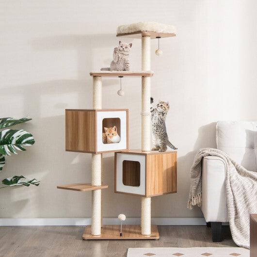 Modern Wooden Cat Tree with Perch Condos and Washable Cushions - Natural