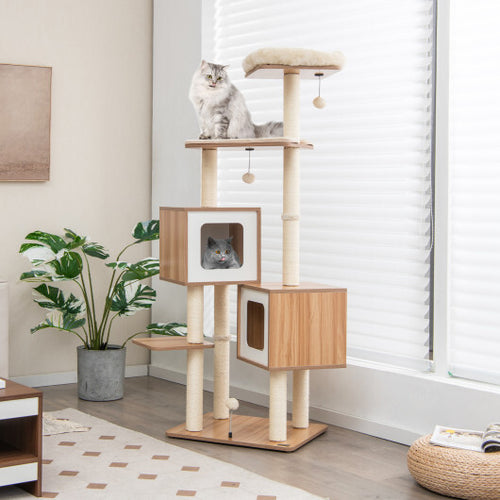 Modern Wooden Cat Tree with Perch Condos and Washable Cushions - Natural