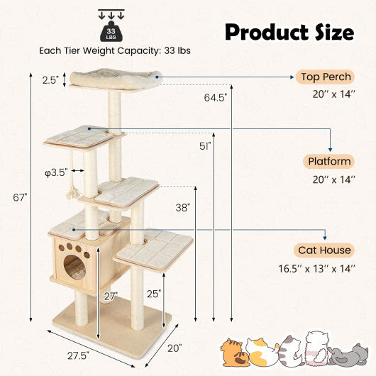 67 Inch Modern Cat Tree Tower with Top Perch and Sisal Rope Scratching Posts-Natural - Color: Natural - Minihomy