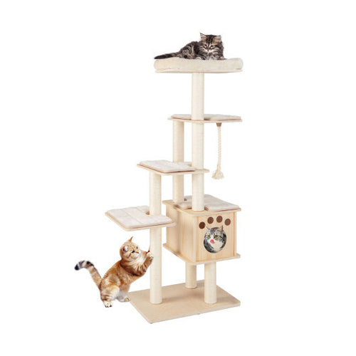 67 Inch Modern Cat Tree Tower with Top Perch and Sisal Rope Scratching Posts-Natural