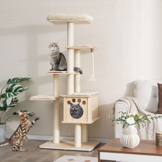 67 Inch Modern Cat Tree Tower with Top Perch and Sisal Rope Scratching Posts-Natural