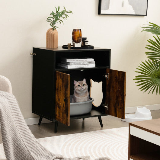 Industrial Cat Litter Box Enclosure with Entry and Open Compartment - Rustic Brown