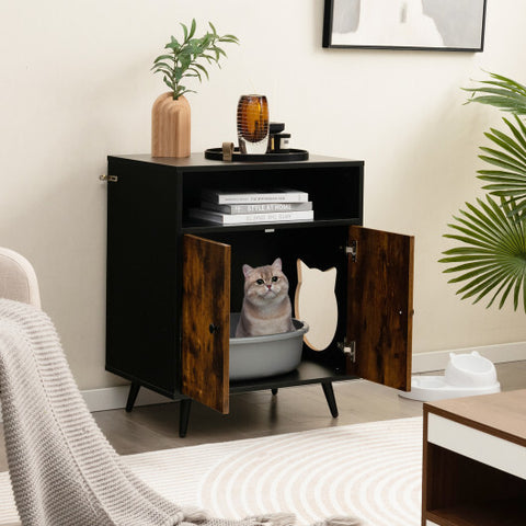 Industrial Cat Litter Box Enclosure with Entry and Open Compartment-Rustic Brown