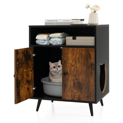 Industrial Cat Litter Box Enclosure with Entry and Open Compartment - Rustic Brown