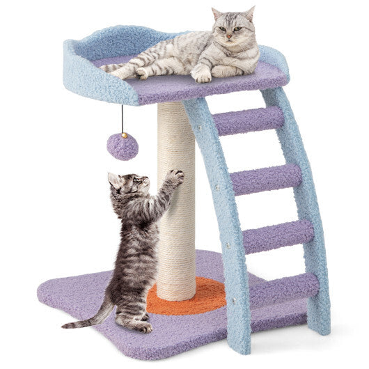 19 Inch Mohair Plush Cat Tree with Ladder and Jingling Ball-Purple