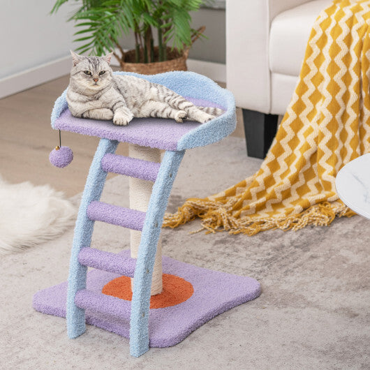 19 Inch Mohair Plush Cat Tree with Ladder and Jingling Ball-Purple