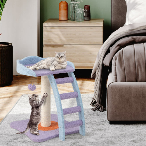 19 Inch Mohair Plush Cat Tree with Ladder and Jingling Ball-Purple
