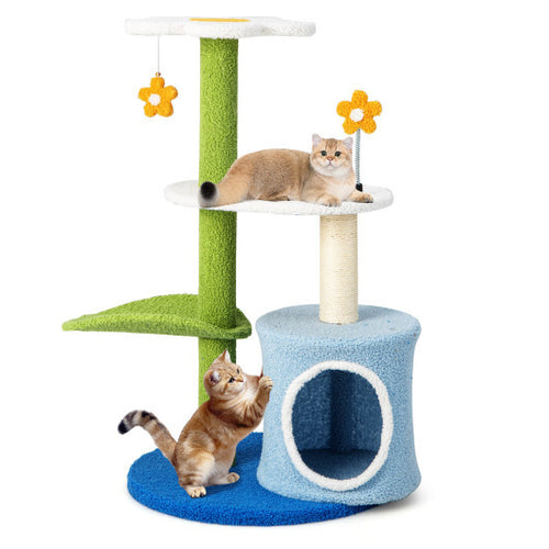 34.5 Inch 4-Tier Cute Cat Tree with Jingling Balls and Condo-Blue - Color: Blue