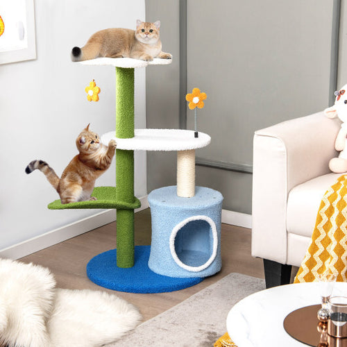 34.5 Inch 4-Tier Cute Cat Tree with Jingling Balls and Condo-Blue