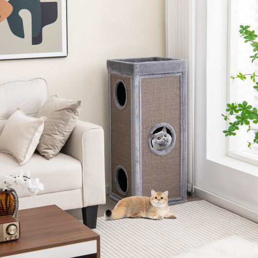 39" Tall Cat Condo with Scratching Posts and 3 Hideaways and 4 Soft Plush Cushions-Gray - Color: Gray - Minihomy