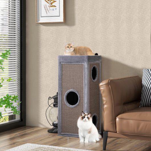 39" Tall Cat Condo with Scratching Posts and 3 Hideaways and 4 Soft Plush Cushions-Gray - Color: Gray - Minihomy