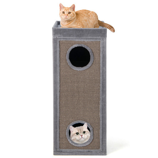 39" Tall Cat Condo with Scratching Posts and 3 Hideaways and 4 Soft Plush Cushions-Gray - Color: Gray - Minihomy