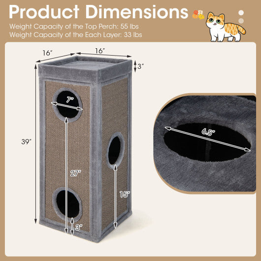 39" Tall Cat Condo with Scratching Posts and 3 Hideaways and 4 Soft Plush Cushions-Gray - Color: Gray - Minihomy