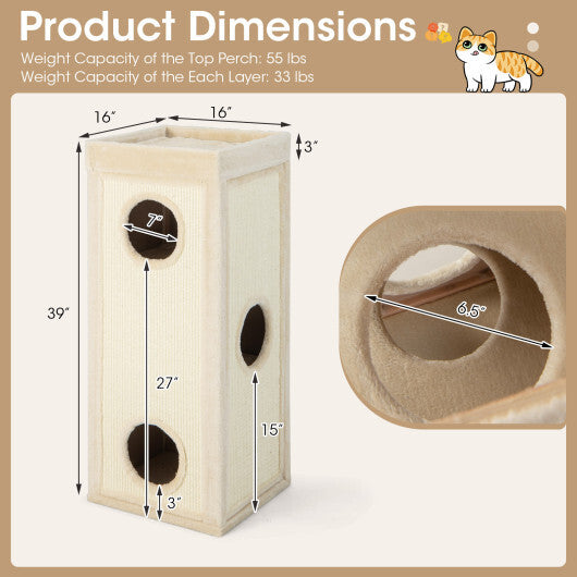 39" Tall Cat Condo with Scratching Posts and 3 Hideaways and 4 Soft Plush Cushions-Natural - Color: Natural - Minihomy