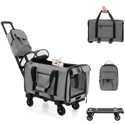 Rolling Cat Carrier with Dual-use Pads and Litter Bag-Gray