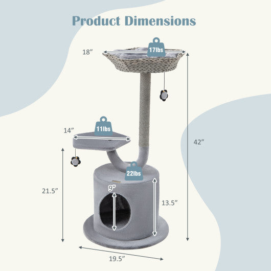 42" Tall Cat Tower with Curved Metal Supporting Frame for Large & Small Cats-Gray - Color: Gray - Minihomy