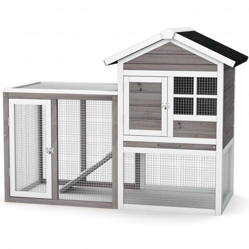 2-Story Wooden Rabbit Hutch with Running Area-Gray - Color: Gray