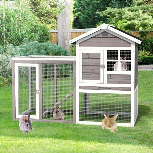 2-Story Wooden Rabbit Hutch with Running Area-Gray - Color: Gray