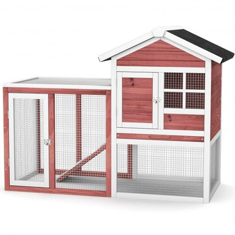 2-Story Wooden Rabbit Hutch with Running Area-White - Color: White