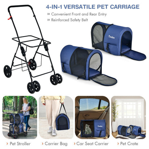 4-in-1 Double Pet Stroller with Detachable Carrier and Travel Carriage-Beige