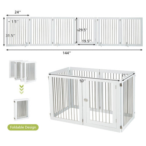 Freestanding 6-Panel Dog Gate with 4 Support Feet for Stairs-White - Color: White