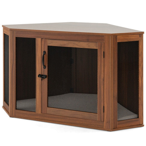 Corner Dog Kennel with Mesh Door and Cushion-Brown - Color: Brown