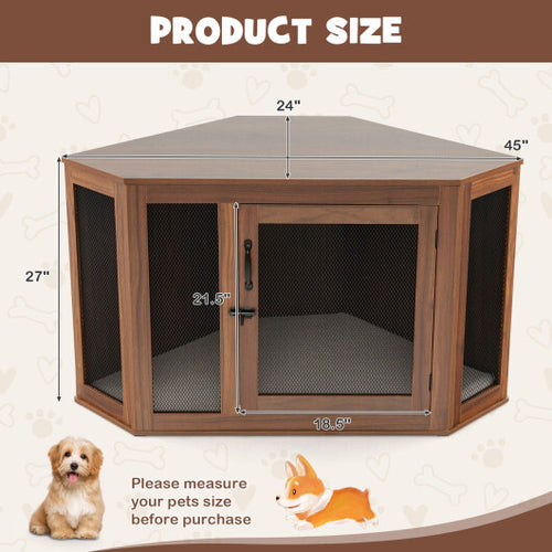 Corner Dog Kennel with Mesh Door and Cushion-Brown