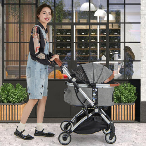 Foldable Dog Cat Stroller with Removable Waterproof Cover-Dark Gray