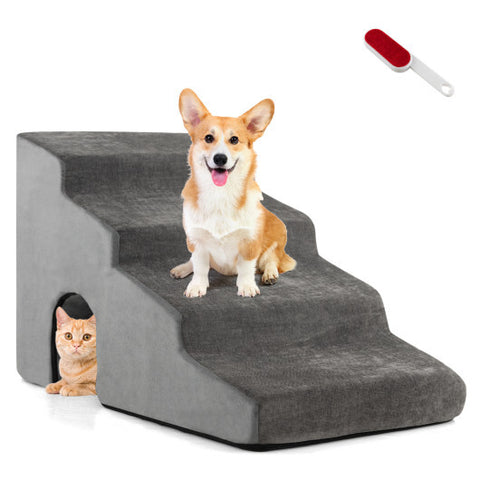 4-Tier High Density Foam Dog Ramps Extra Wide Pet Stairs with Non-slip Bottom-Gray