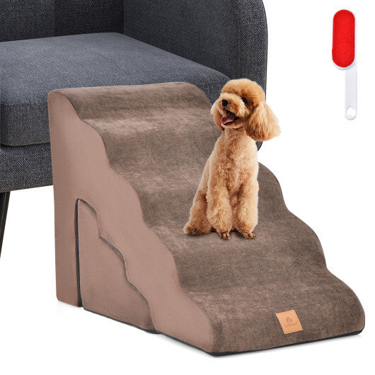 22 Inches and 11 Inches Foam Pet Stairs Set with 5-Tier and 3-Tier Dog Ramps-Brown - Minihomy