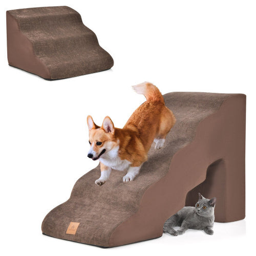 22 Inches and 11 Inches Foam Pet Stairs Set with 5-Tier and 3-Tier Dog Ramps-Brown