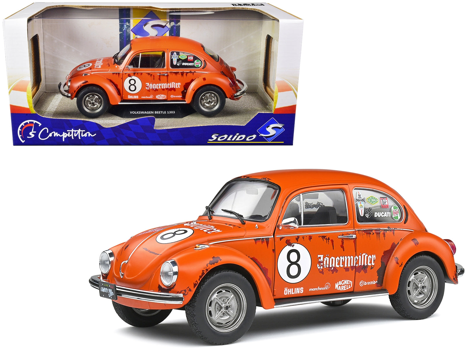 1974 Volkswagen Beetle 1303 #8 Matt Orange "Jagermeister" Tribute "Competition" Series 1/18 Diecast Model Car by Solido - Minihomy